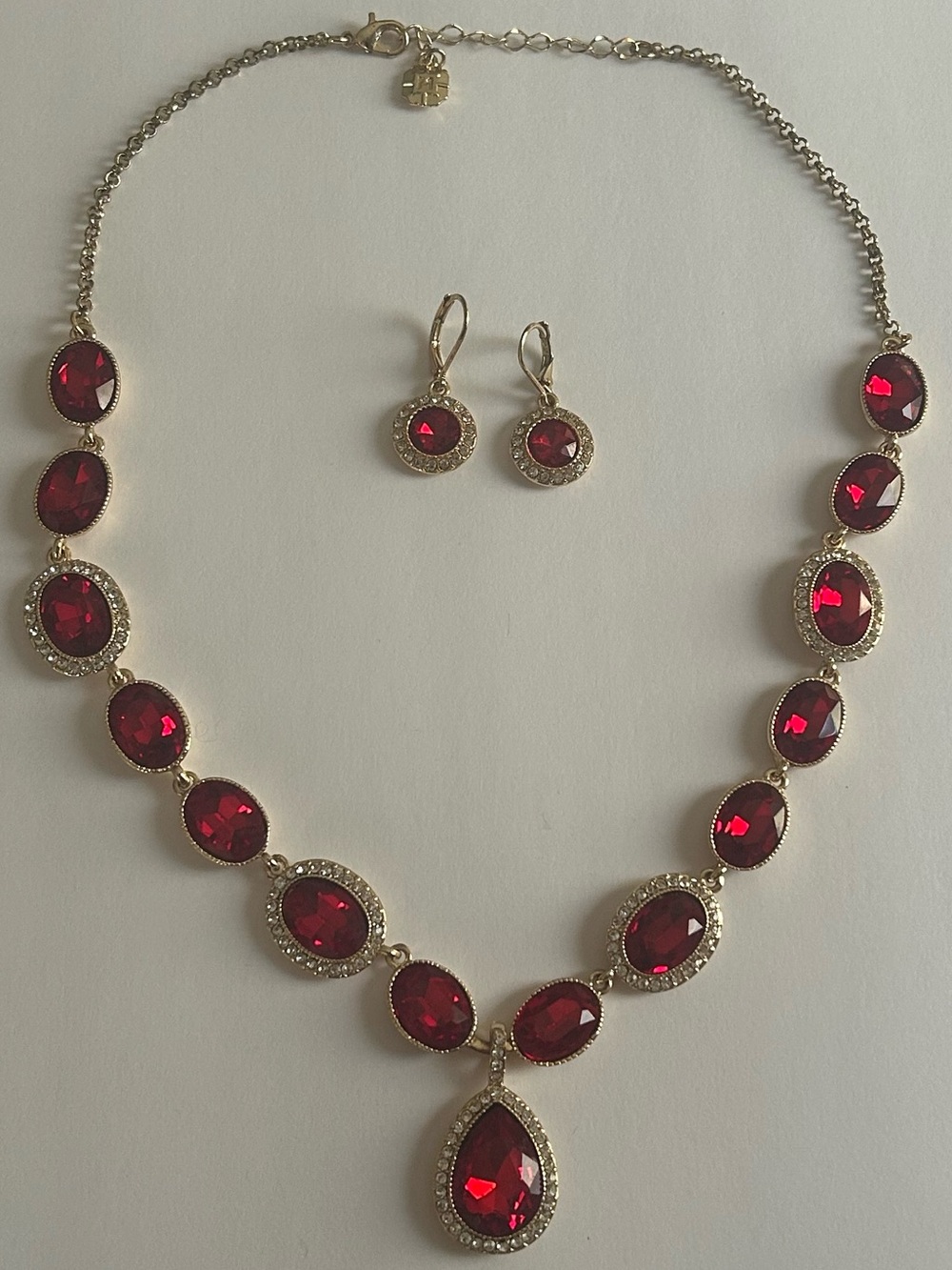Vintage Monet Ruby Red Crystal Halo Necklace & Earring Set